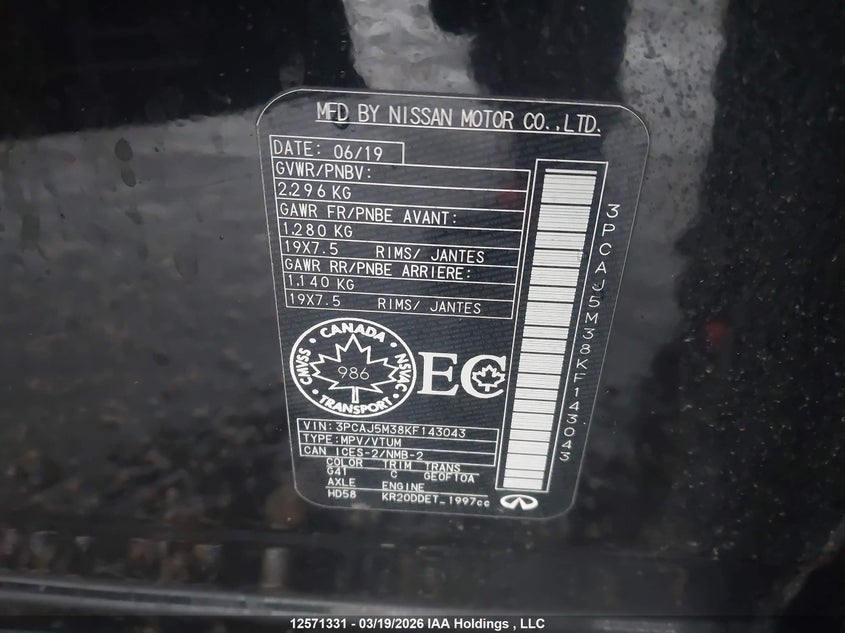 2019 Infiniti Qx50 VIN: 3PCAJ5M38KF143043 Lot: 12571331