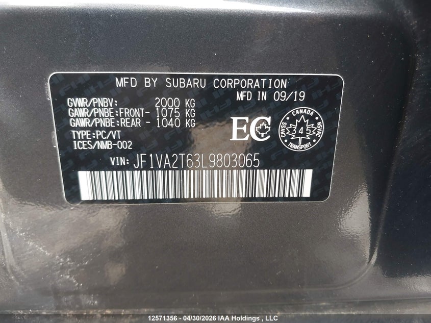 2020 Subaru Wrx Sti Limited VIN: JF1VA2T63L9803065 Lot: 12571356