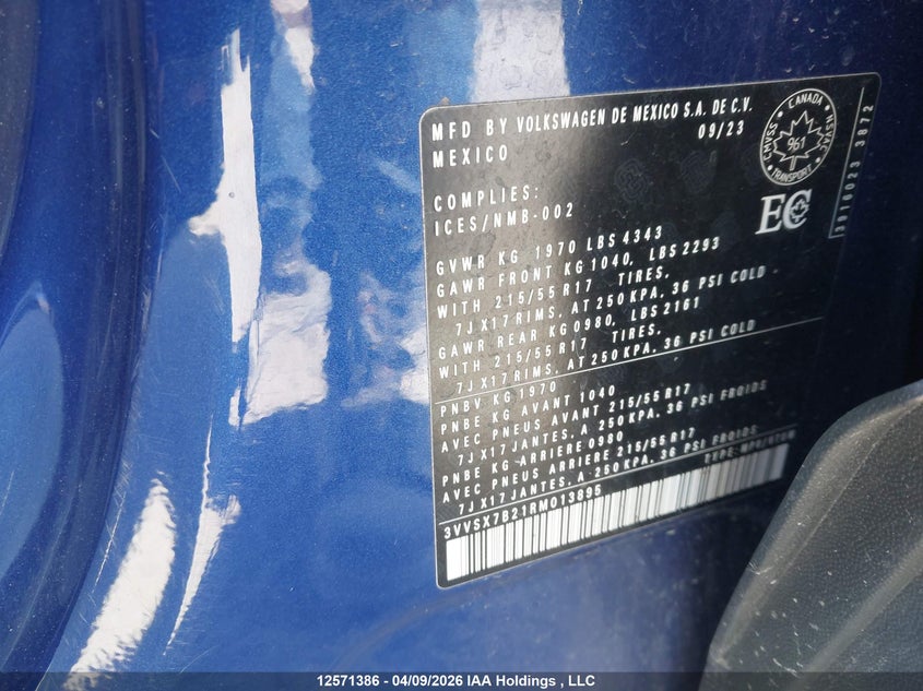 2024 Volkswagen Taos Se VIN: 3VVSX7B21RM013895 Lot: 12571386