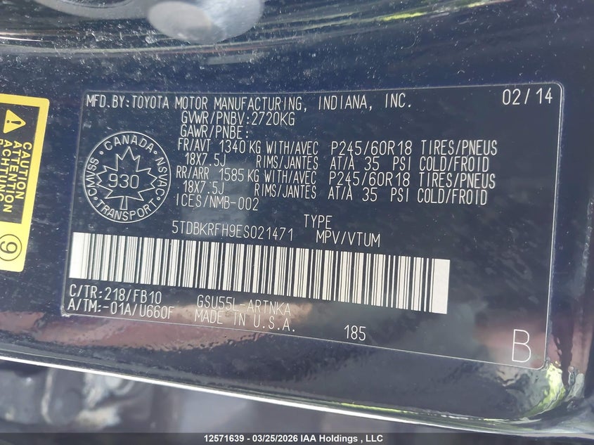 2014 Toyota Highlander Le VIN: 5TDBKRFH9ES021471 Lot: 12571639