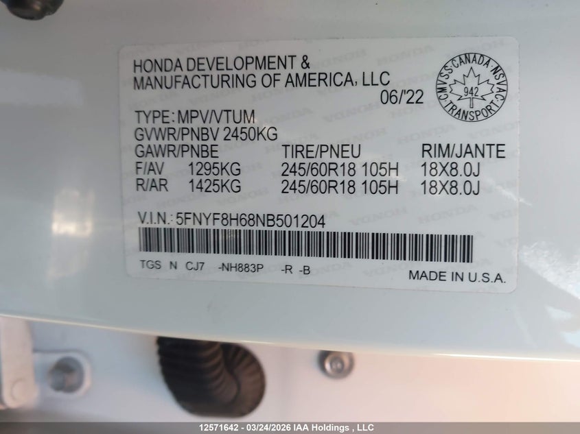 2022 Honda Passport Trailsport VIN: 5FNYF8H68NB501204 Lot: 12571642