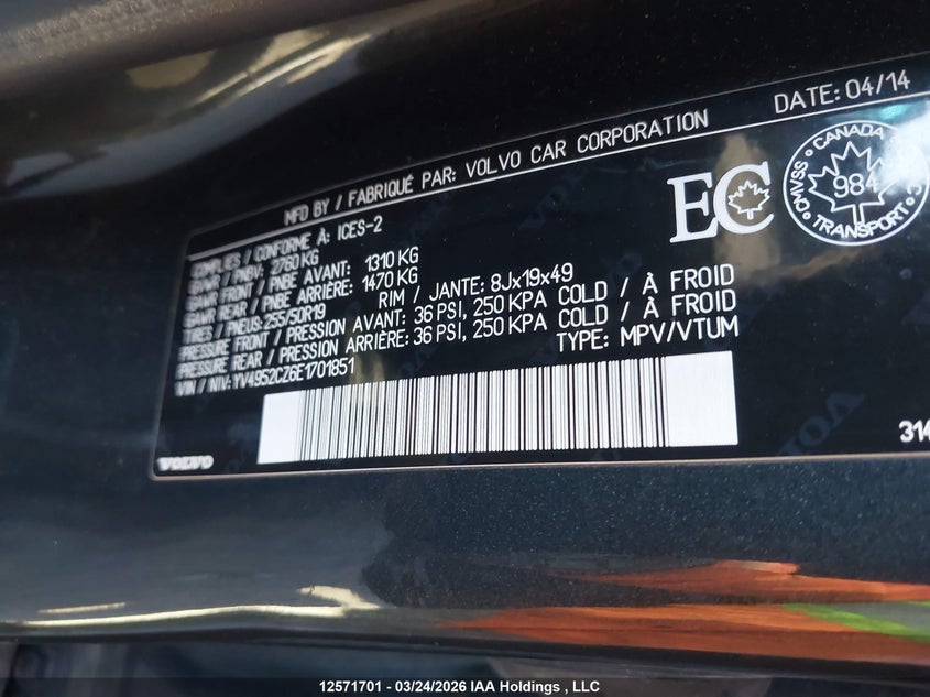 2014 Volvo Xc90 3.2 VIN: YV4952CZ6E1701851 Lot: 12571701