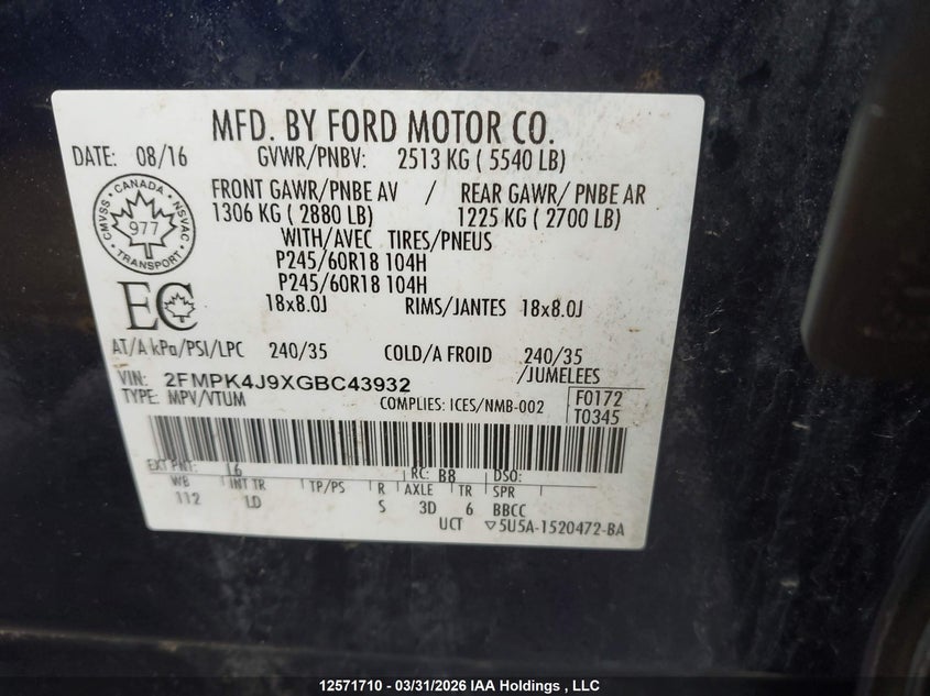 2016 Ford Edge Sel VIN: 2FMPK4J9XGBC43932 Lot: 12571710