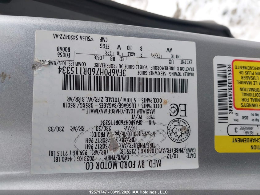 2013 Ford Fusion VIN: 3FA6P0H76DR115334 Lot: 12571747