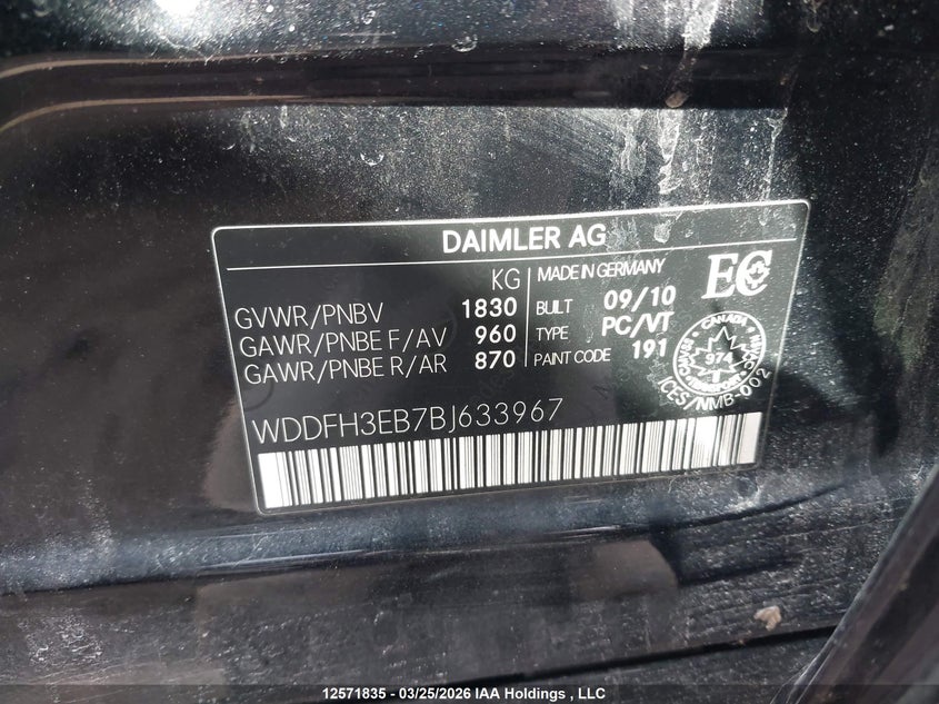 2011 Mercedes-Benz B200 T VIN: WDDFH3EB7BJ633967 Lot: 12571835