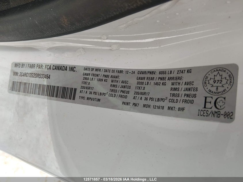 2025 Chrysler Grand Caravan Sxt VIN: 2C4RC1ZG2SR533464 Lot: 12571857