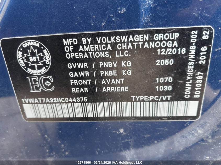 2017 Volkswagen Passat 1.8 Tsi Trendline+ VIN: 1VWAT7A32HC044375 Lot: 12571866