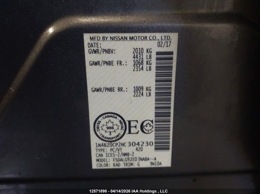 2017 Nissan Leaf S/Sv/Sl VIN: 1N4BZ0CP2HC304230 Lot: 12571898