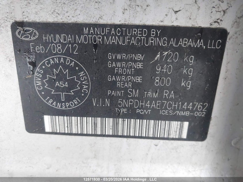 2012 Hyundai Elantra Gls/Limited VIN: 5NPDH4AE7CH144762 Lot: 12571930