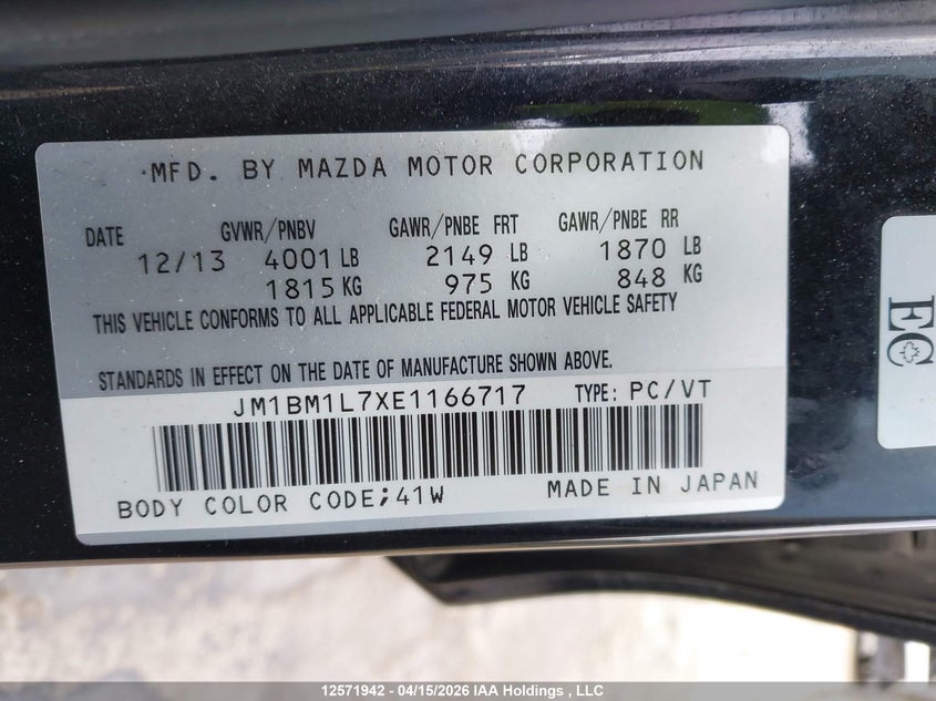 2014 Mazda 3 Touring VIN: JM1BM1L7XE1166717 Lot: 12571942