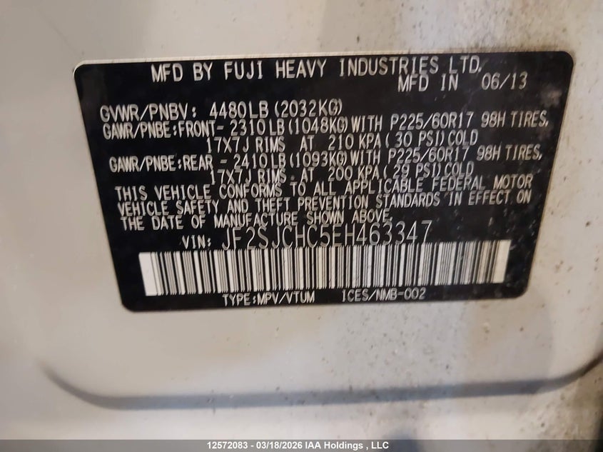 2014 Subaru Forester VIN: JF2SJCHC5EH463347 Lot: 12572083