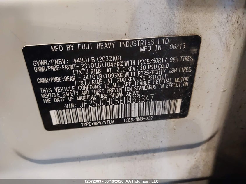 2014 Subaru Forester VIN: JF2SJCHC5EH463347 Lot: 12572083