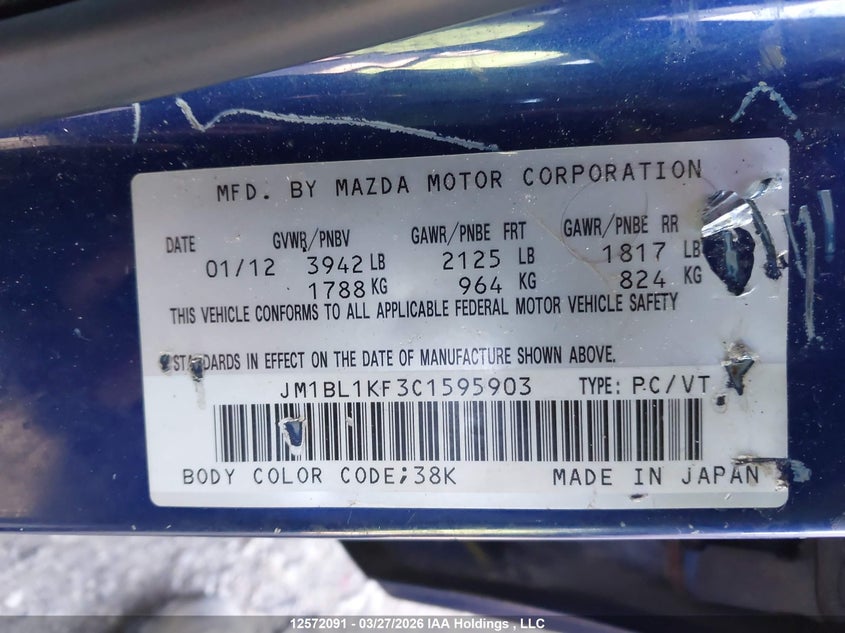 2012 Mazda 3 I VIN: JM1BL1KF3C1595903 Lot: 12572091