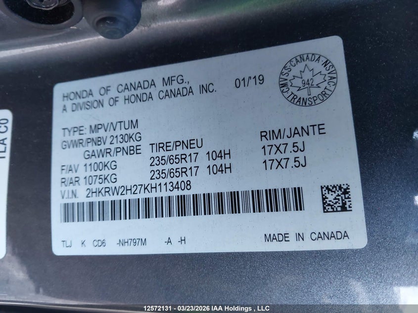 2019 Honda Cr-V VIN: 2HKRW2H27KH113408 Lot: 12572131