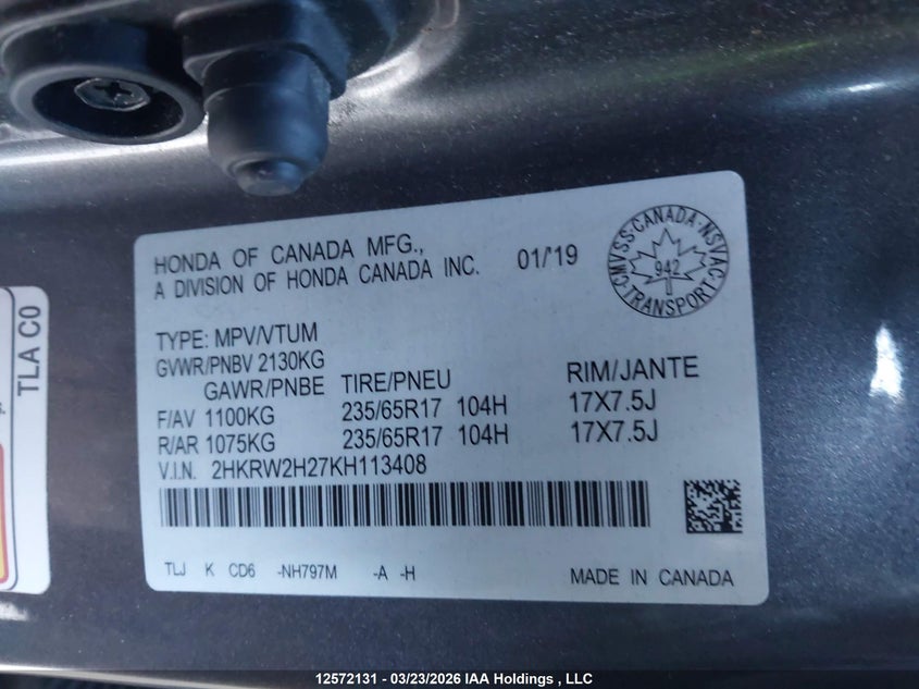 2019 Honda Cr-V VIN: 2HKRW2H27KH113408 Lot: 12572131