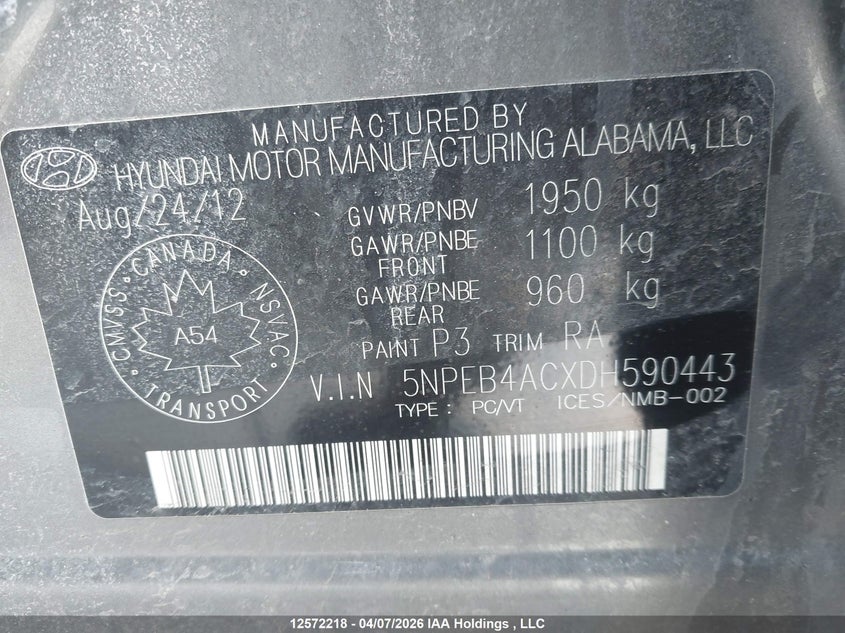 2013 Hyundai Sonata Gls VIN: 5NPEB4ACXDH590443 Lot: 12572218