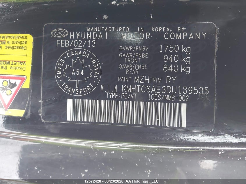 2013 Hyundai Veloster VIN: KMHTC6AE3DU139535 Lot: 12572428