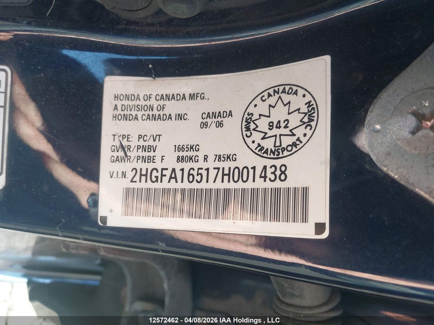 2007 Honda Civic Lx VIN: 2HGFA16517H001438 Lot: 12572462