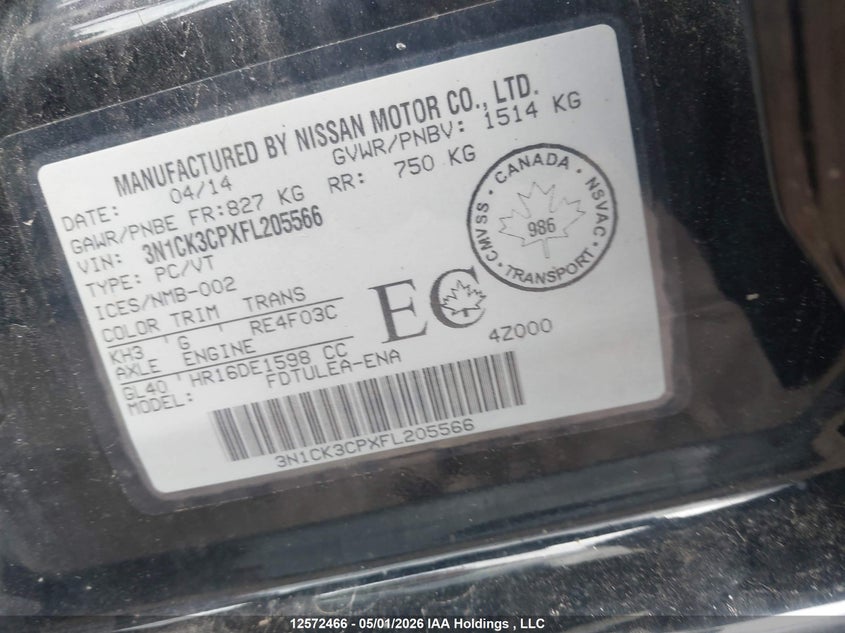 2015 Nissan Micra S/Sr/Sv VIN: 3N1CK3CPXFL205566 Lot: 12572466