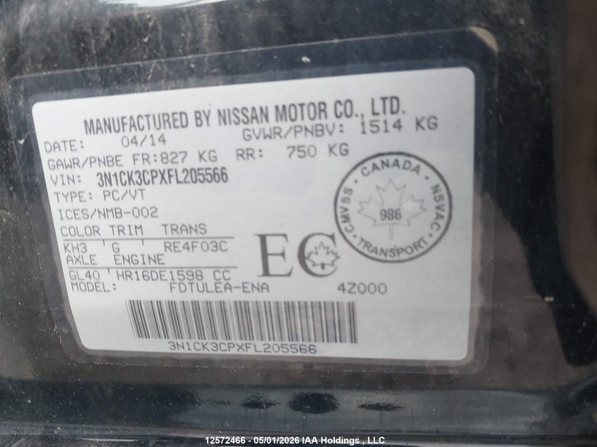 2015 Nissan Micra S/Sr/Sv VIN: 3N1CK3CPXFL205566 Lot: 12572466