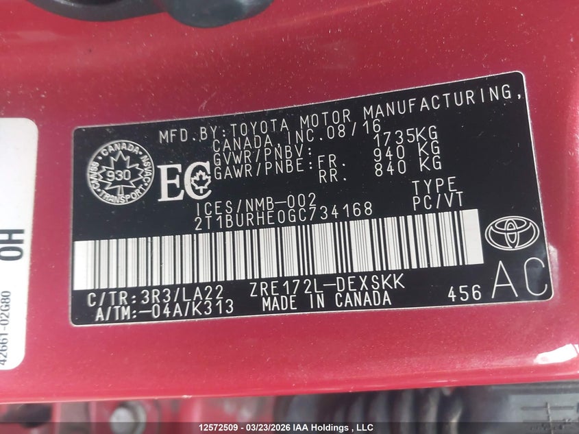 2016 Toyota Corolla L/Le/Le Pls/Prm/S/S Pls VIN: 2T1BURHE0GC734168 Lot: 12572509