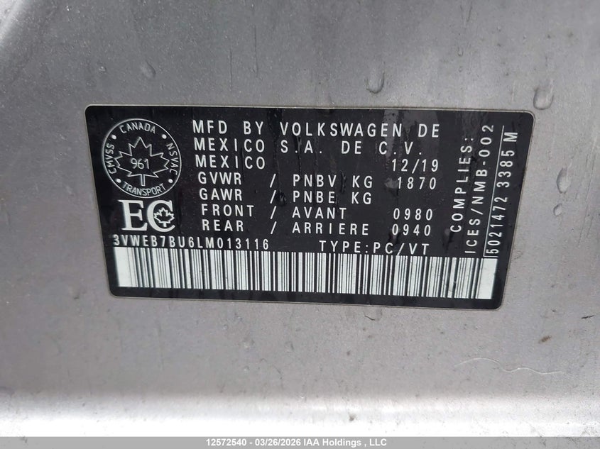 2020 VOLKSWAGEN JETTA SEDAN 1.4L I-4 DI, DOHC, VVT, TURBO, 147HP