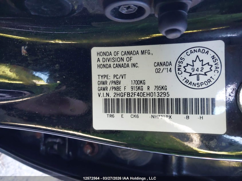 2014 Honda Civic Lx VIN: 2HGFB2F40EH013295 Lot: 12572564