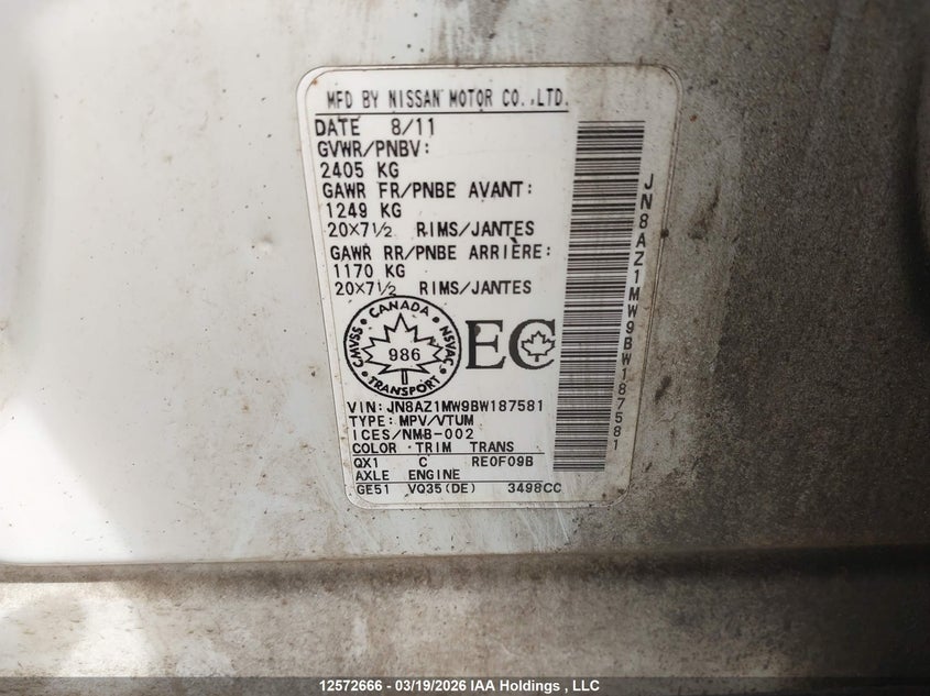 2011 Nissan Murano Le VIN: JN8AZ1MW9BW187581 Lot: 12572666