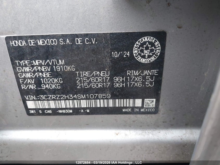 2025 Honda Hr-V Lx VIN: 3CZRZ2H34SM107859 Lot: 12572684