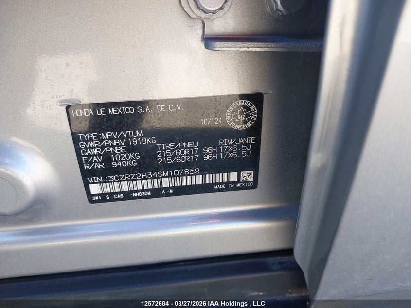 2025 Honda Hr-V Lx VIN: 3CZRZ2H34SM107859 Lot: 12572684