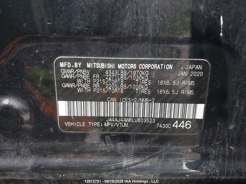 2020 Mitsubishi Rvr Gt/Limited Edition/Se/Sel VIN: JA4AJ4AW6LU603523 Lot: 12572751