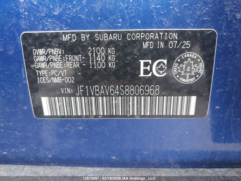 2025 Subaru Wrx Gt VIN: JF1VBAV64S8806968 Lot: 12572857
