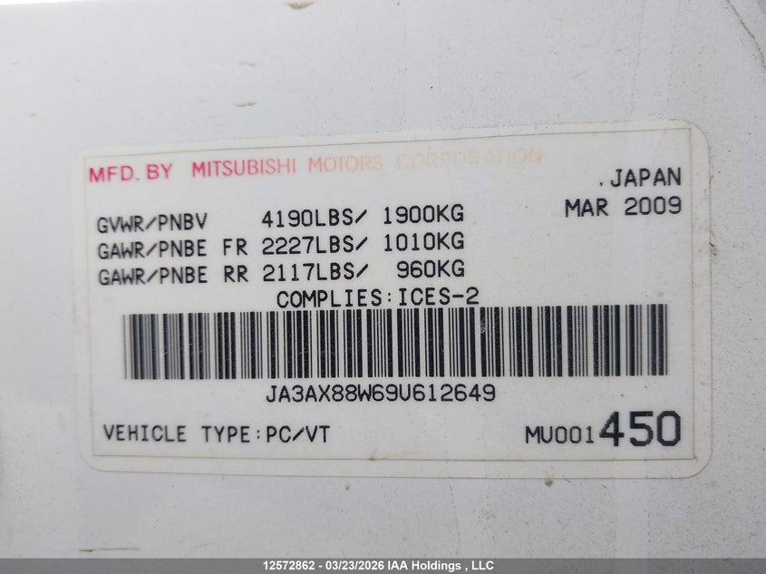 2009 Mitsubishi Lancer Sportback Gts VIN: JA3AX88W69U612649 Lot: 12572862