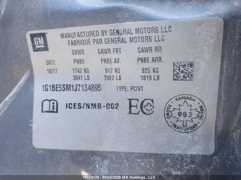 2018 Chevrolet Cruze VIN: 1G1BE5SM1J7134895 Lot: 12573129
