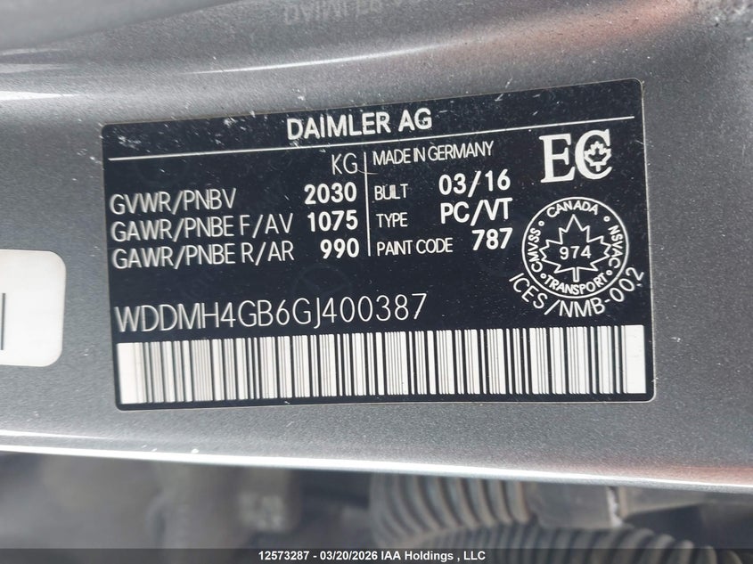 2016 Mercedes-Benz B 250 4Matic VIN: WDDMH4GB6GJ400387 Lot: 12573287