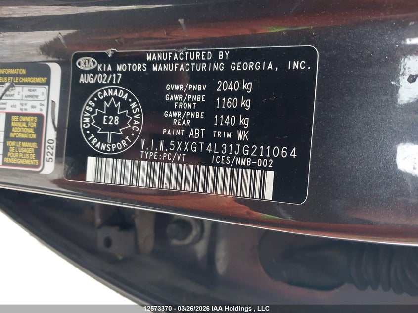 2018 Kia Optima Lx/Lx+ VIN: 5XXGT4L31JG211064 Lot: 12573370