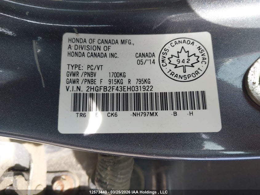 2014 Honda Civic Lx VIN: 2HGFB2F43EH031922 Lot: 12573440