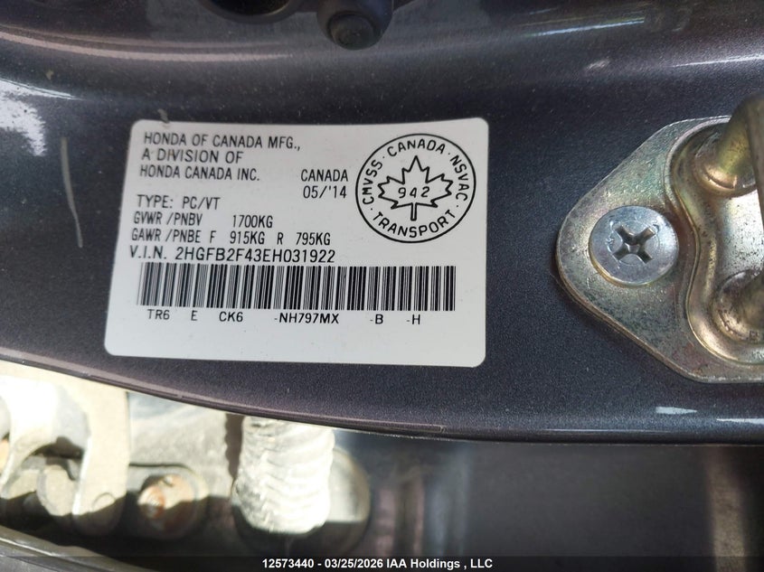 2014 Honda Civic Lx VIN: 2HGFB2F43EH031922 Lot: 12573440