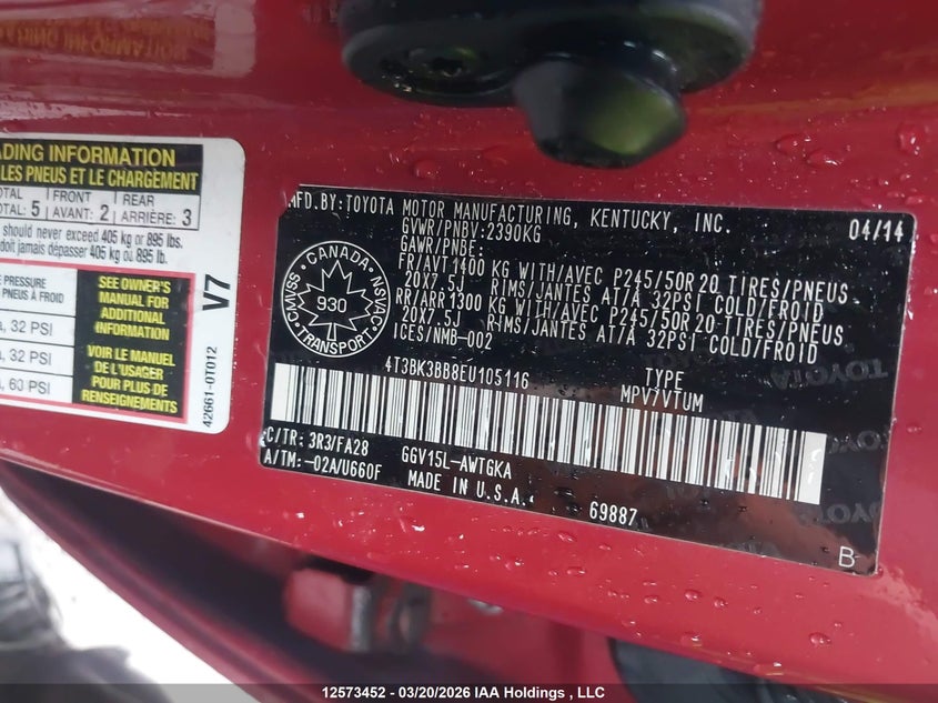 2014 Toyota Venza Le/Xle/Limited VIN: 4T3BK3BB8EU105116 Lot: 12573452