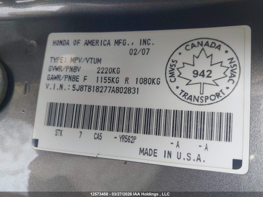 2007 Acura Rdx VIN: 5J8TB18277A802831 Lot: 12573458