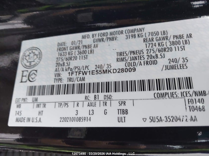 2021 Ford F150 Supercrew VIN: 1FTFW1E55MKD28009 Lot: 12573490