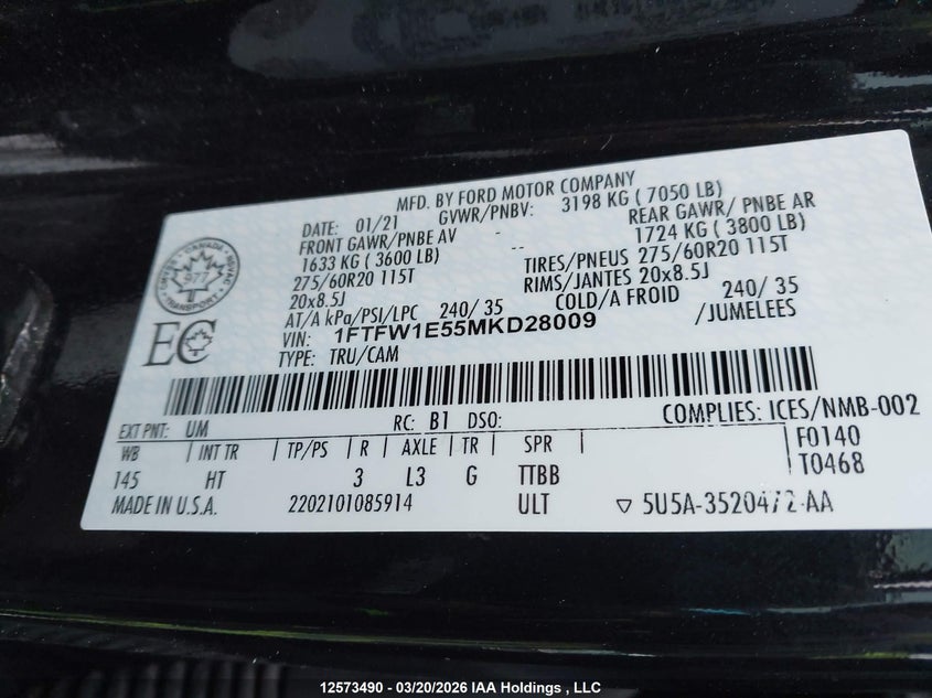 2021 Ford F150 Supercrew VIN: 1FTFW1E55MKD28009 Lot: 12573490