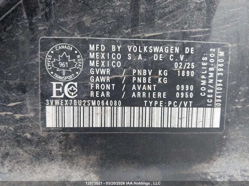 2025 Volkswagen Jetta Se VIN: 3VWEX7BU2SM064080 Lot: 12573521