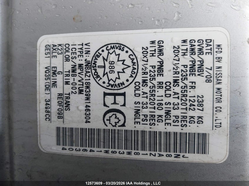 2009 Nissan Murano S/Sl/Le VIN: JN8AZ18W39W146304 Lot: 12573609