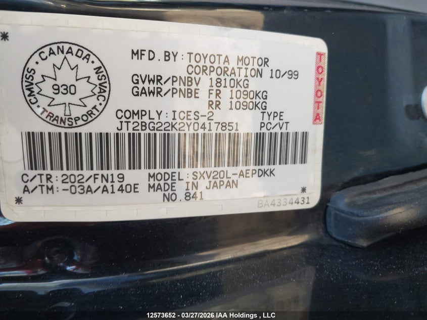 2000 Toyota Camry Ce/Le/Xle VIN: JT2BG22K2Y0417851 Lot: 12573652