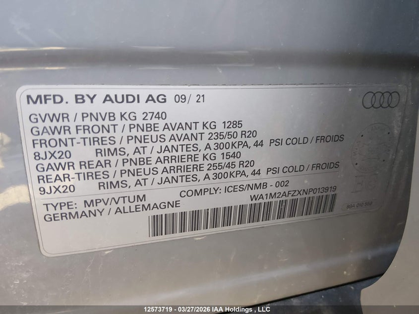 2022 Audi Q4 E-Tron Technik VIN: WA1M2AFZXNP013919 Lot: 12573719