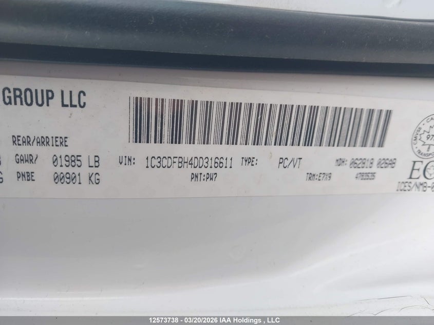 2013 Dodge Dart Sxt VIN: 1C3CDFBH4DD316611 Lot: 12573738