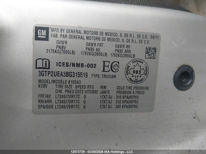 2011 GMC Sierra 1500 Sl VIN: 3GTP2UEA3BG315519 Lot: 12573739