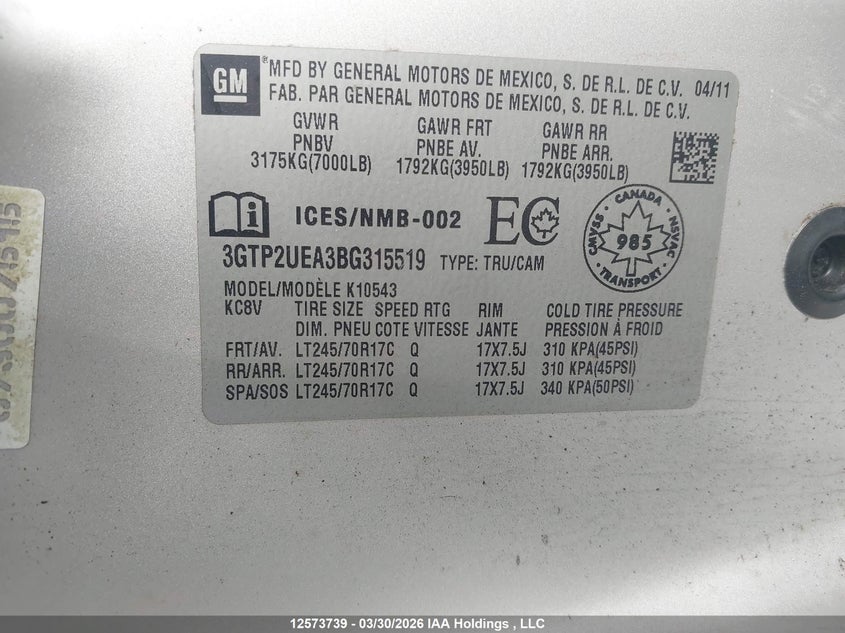 2011 GMC Sierra 1500 Sl VIN: 3GTP2UEA3BG315519 Lot: 12573739