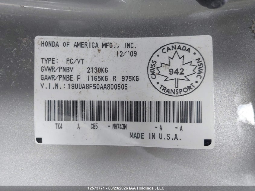 2010 Acura Tl VIN: 19UUA8F50AA800505 Lot: 12573771